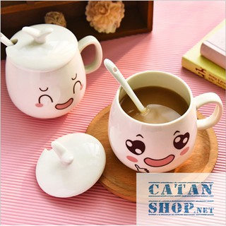 01 Ly cốc sứ có nắp (kèm muỗng)  hình biểu cảm siêu cute (giao mẫu ngẫu nhiên) HK062