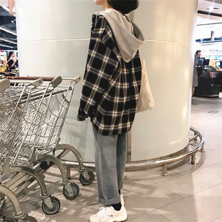 Áo Khoác Sơ Mi Có Nón Dáng Rộng Kẻ Sọc Caro Thời Trang Hàn Quốc Cho Nữ