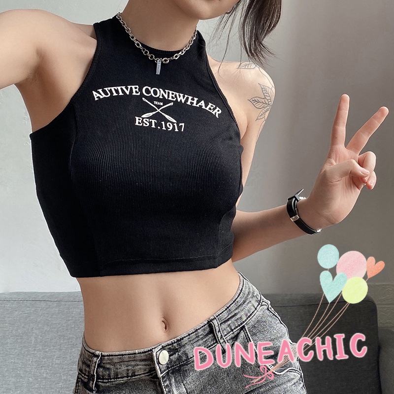 DUNEA Áo Tank Top Cổ Tròn In Chữ Phong Cách Đường Phố Cá Tính Cho Nữ