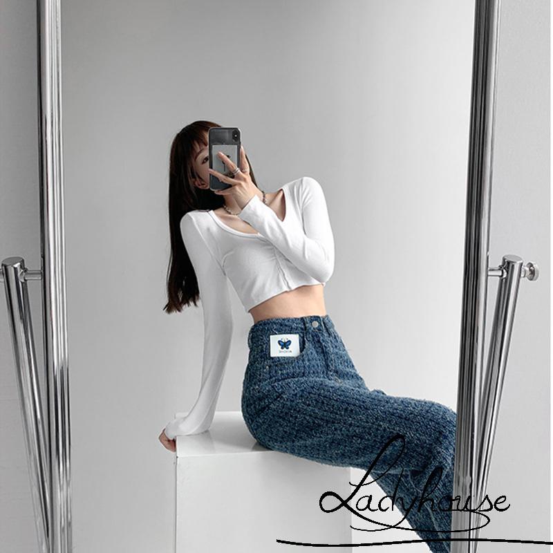 Áo Croptop Dệt Kim Tay Dài Cổ Chữ V Màu Sắc Đơn Giản Cho Nữ