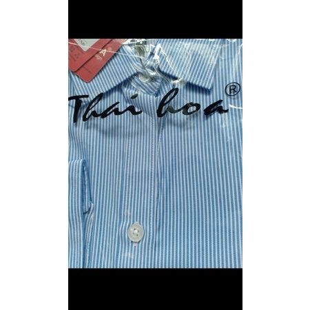 Áo sơ mi nữ Thái Hòa sọc xanh đậm vải sợi tre pha cotton