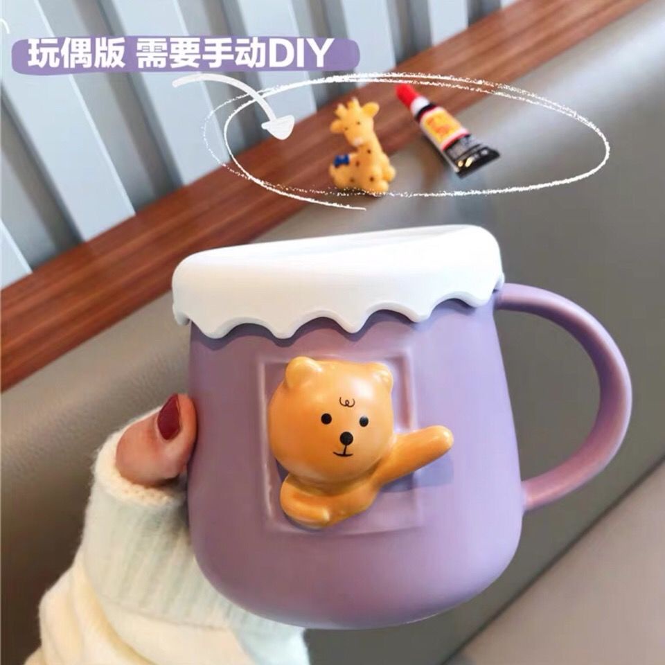Cốc Uống Nước Bằng Gốm Có Nắp Và Muỗng Dễ Thương