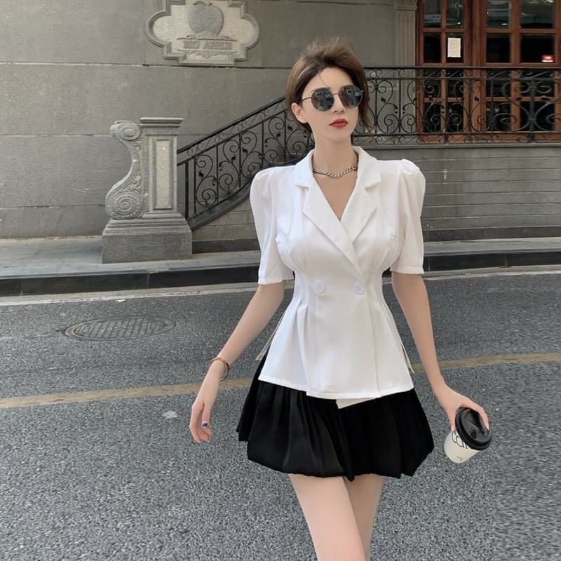Sét áo vest cúc tay bồng xếp ly eo mix chân váy lụa bom xoè | BigBuy360 - bigbuy360.vn