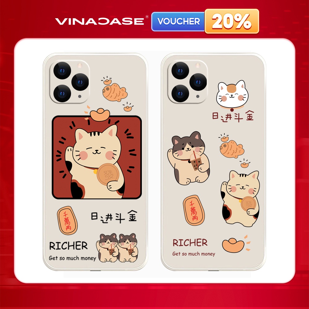 Ốp lưng Vina Case Iphone 6S/6 Plus/7G/8G/X/Xs/11/12/....Silicone TPU dẻo viền vuông bảo vệ camera hình Mèo tài lộc