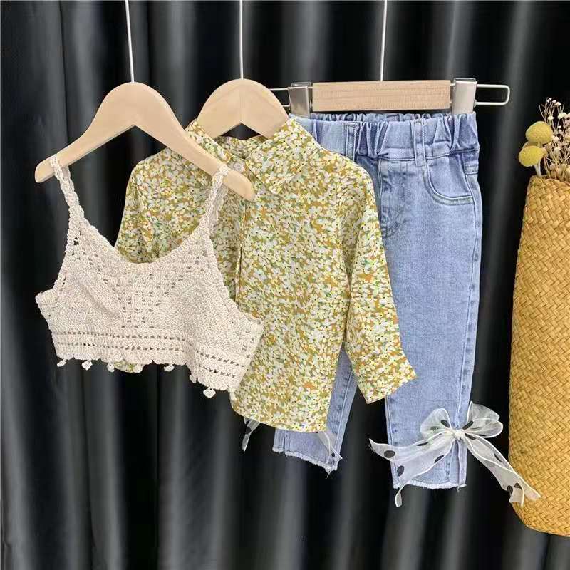 Set Áo Thun Tay Ngắn &amp; Quần Short Denim Cho Bé Gái Phong Cách Hàn Quốc