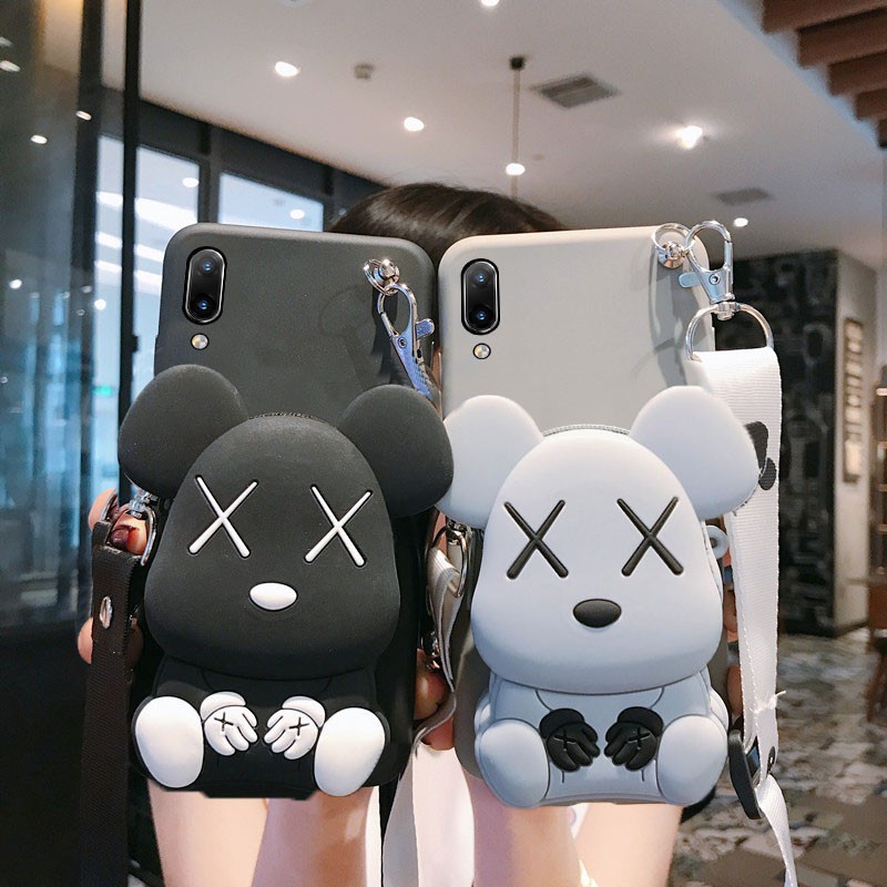 Samsung S9 S9PLUS S10 S10PLUS S7edge S21Ultra S21+ A12 A42 5G A6 A8 2018 A6Plus A6+ A8Plus A8+ Cartoon Bear fashion creative wallet mobile phone protective case lanyard backpack mobile phone soft shell silicone bear zero wallet mobile phone protective