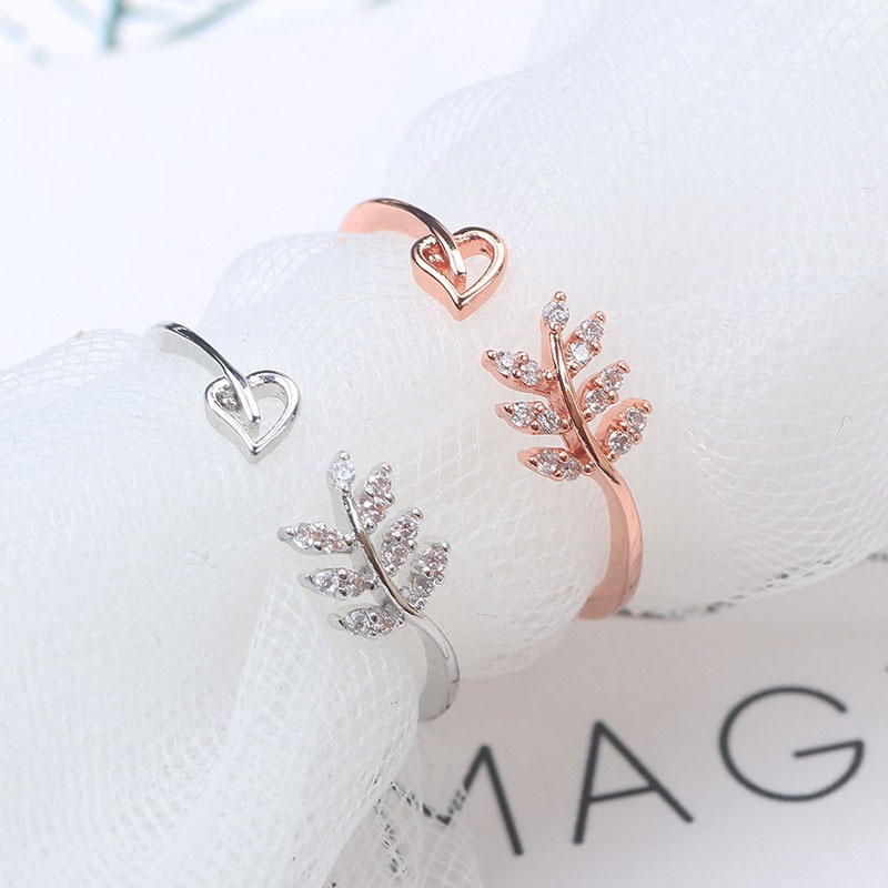 Nhẫn lá ô liu đính đá Zircon kết hợp trái tim Freesize cho nữ dễ thương phong cách Hàn Quốc J691