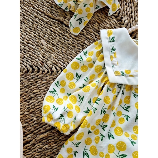 Set Quả Dâu, Bộ Quần Áo Họa Tiết Dâu Vàng Xinh Xắn Chất Liệu Đũi Lạnh Mát Mẻ Cho Bé Gái Sơ Sinh