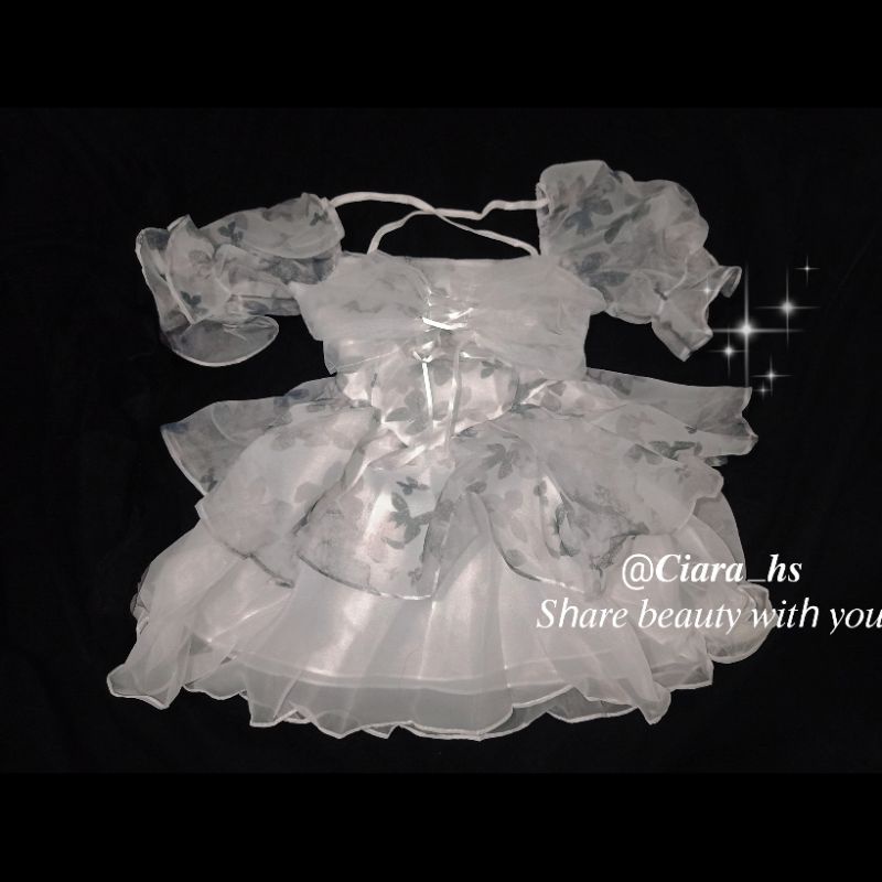 Váy đầm Công chúa voan xòe họa tiết hồ điệp thắt nơ màu trắng xám mặc hè loại đẹp