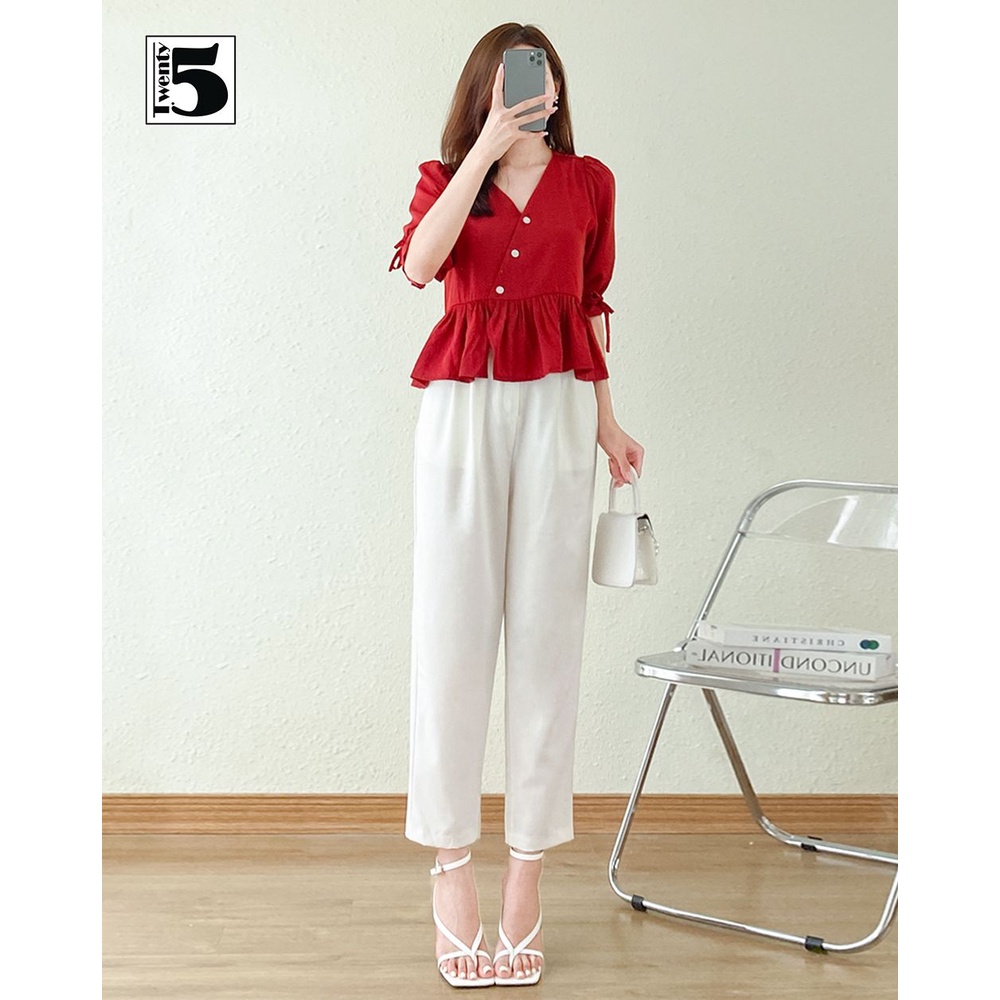 Áo sơ mi nữ Twentyfive babydoll cổ V dáng lửng vạt chéo thắt nơ cổ tay TA13