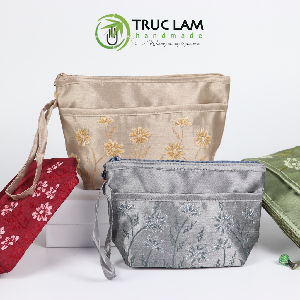 Ví Cầm Tay Nữ Vải Tafta Họa Tiết Hoa Cỏ Thêu Tay Set 2 Chiếc - Trúc Lâm Handmade
