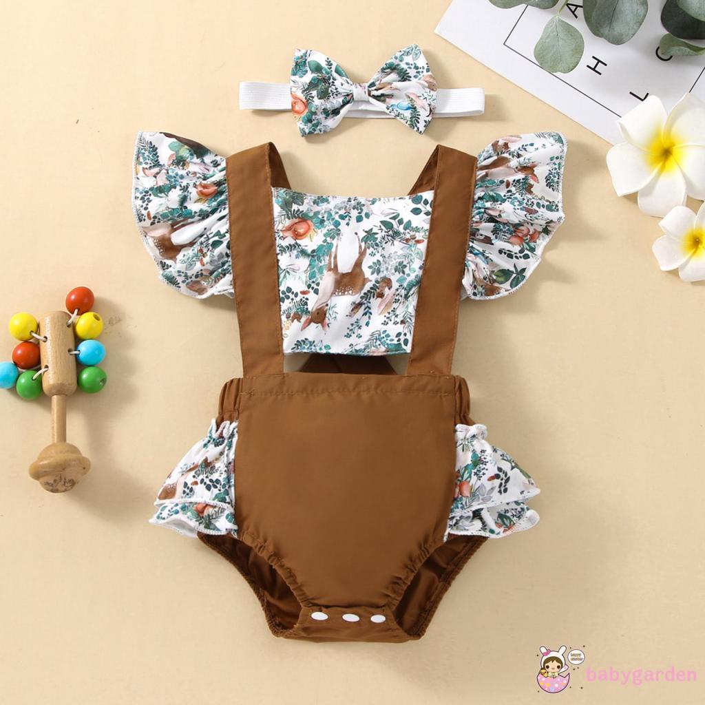 BABYGARDEN-0-12months Baby Girls Romper with Headband,Backless Flying Sleeve Animal Flower Printed Back Cross Straps