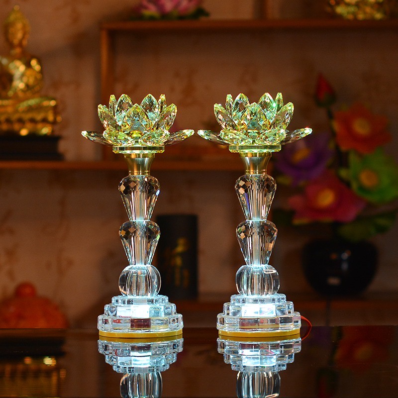 Đèn Thờ Cúng Hoa Sen Pha Lê - Đèn Pha Lê Thân Bi Cao Cấp