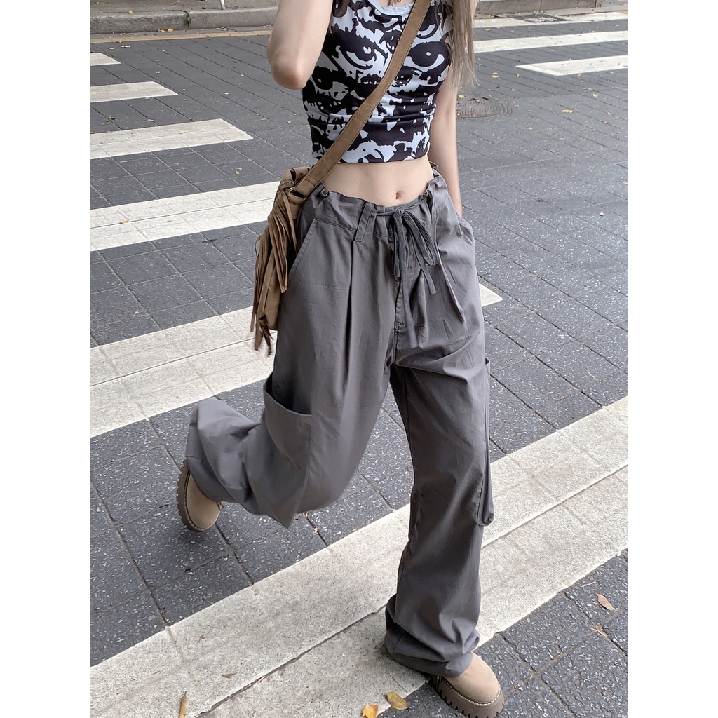Porozi  Quần dài ống rộng lưng cao thiết kế túi hộp phong cách Hàn Quốc thời trang dành cho nữ