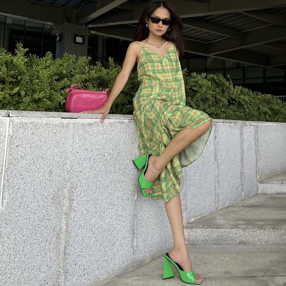 TARTAN - Tartan Dress SE / Green / Tartan Pattern - Đầm Hai Dây Maxi Chân Váy Xoè Xanh