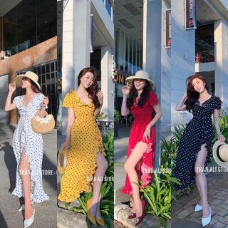 Đầm Maxi bi xẻ tà phối bèo. Hàng thiết kế, chuyên sỉ