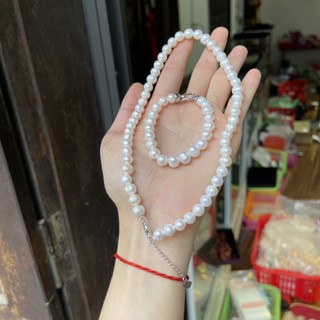 Bộ Vòng Tay - Vòng Cổ Ngoc Trai Nuôi Nước Ngọt size hạt 8ly màu trắng