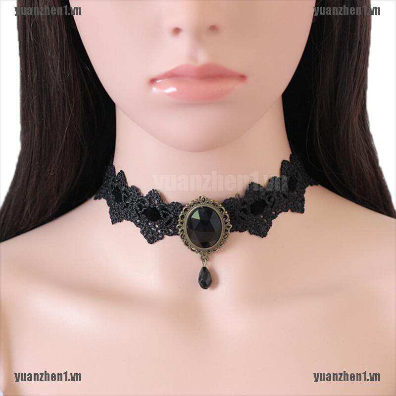 [YUANZHEN1] Vòng Cổ Choker Ren Đen Đính Pha Lê Phong Cách Gothic Cổ Điển