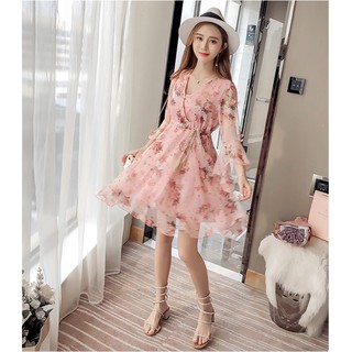 Đầm xoè hoa thắt dây eo bao xinh size M l Xl