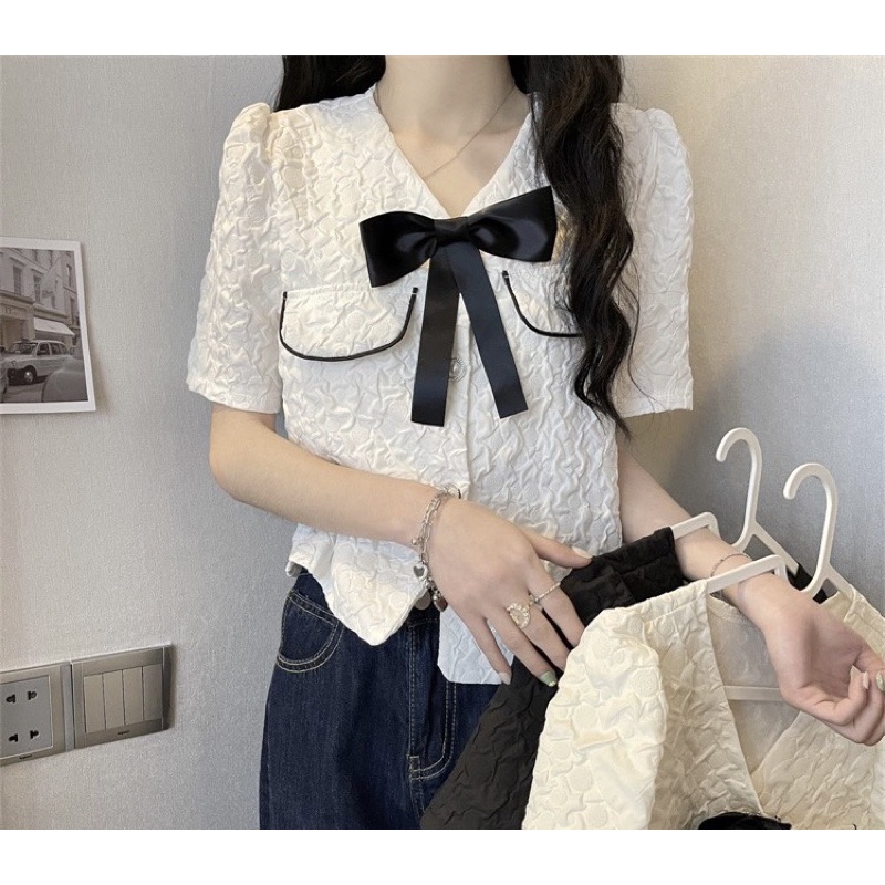 Áo Tiểu Thư Cổ V Kèm Nơ