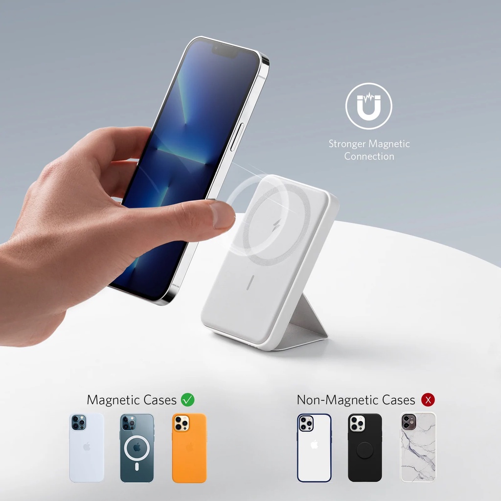 Sạc dự phòng không dây Anker MagGo 5000mAh 622 Magnetic Battery từ tính kèm Đế dựng -   A1611 Trắng Đen Xanh