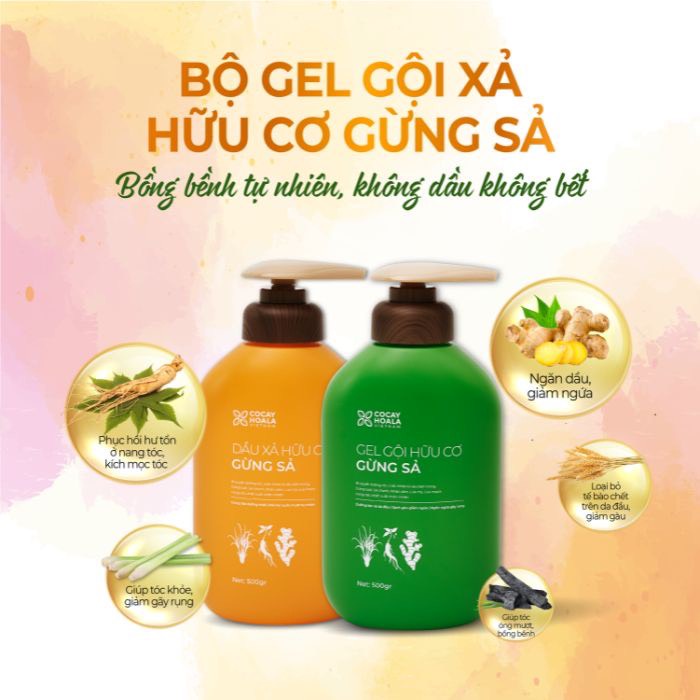 Gel Gội & Dầu Xả Hữu Cơ Gừng Sả - Ngăn dầu bết tóc và giảm gàu giảm ngứa Cỏ Cây Hoa Lá 500g