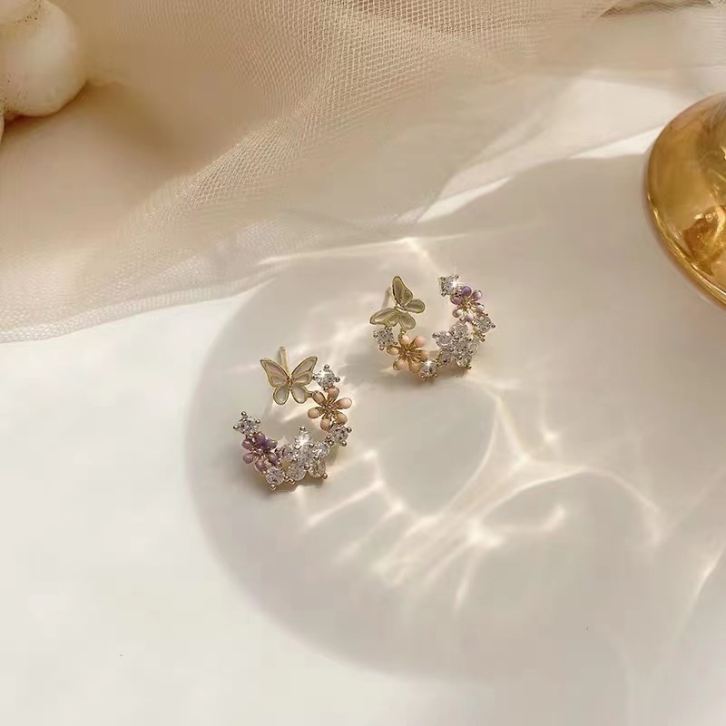 Bông Tai Hình Hoa Và Bướm Đính Đá Zircon Phong Cách Hàn Quốc Thời Trang Dự Tiệc Cưới Cho Nữ