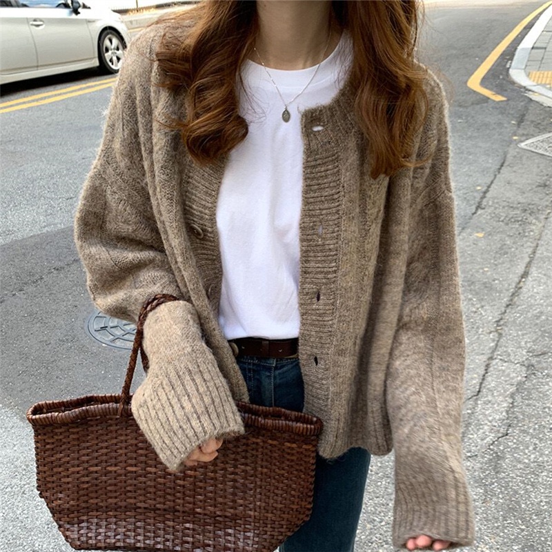 Áo khoác cardigan dệt kim cổ tròn tay dài dáng rộng 48238