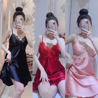 Đầm ngủ sexy hai dây có mút ngực - Váy ngủ ren có mút ngực lụa satin mềm mịn