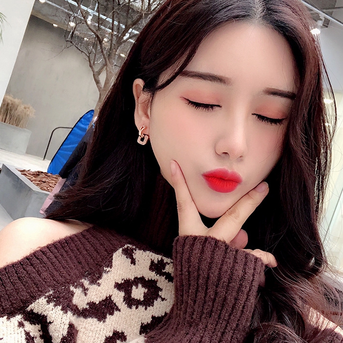 Bông tai mạ bạc 925 hình vuông đính đá phong cách thời trang
