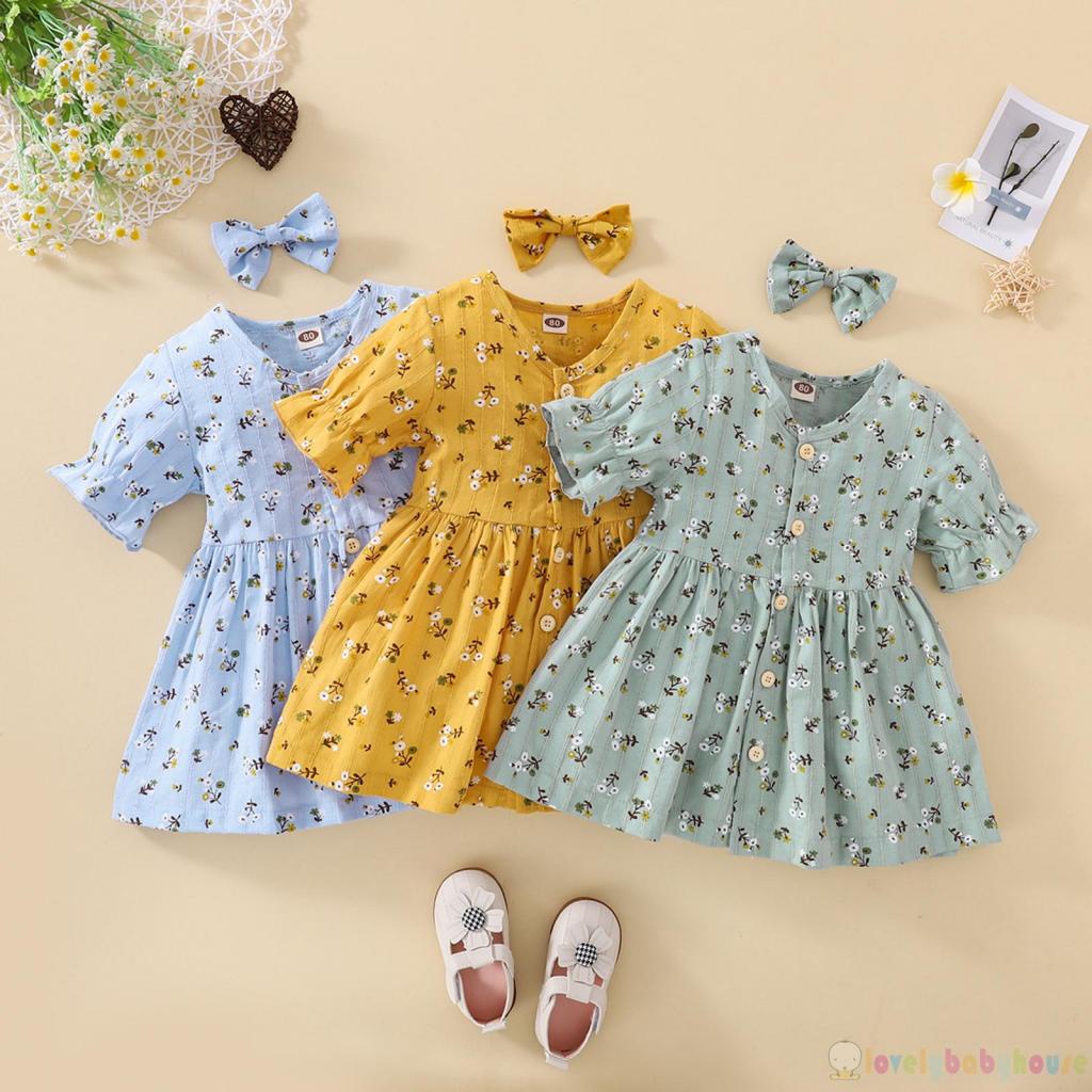 Đầm Ngắn Tay Cổ Chữ V Phối Nút Kèm Kẹp Tóc Thời Trang Mùa Hè Cho Bé Gái Từ 6 Tháng Đến 4 Tuổi