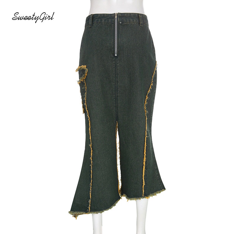 Chân Váy Maxi Denim Lưng Thấp Phối Màu Tương Phản Thời Trang 2022 Cho Nữ