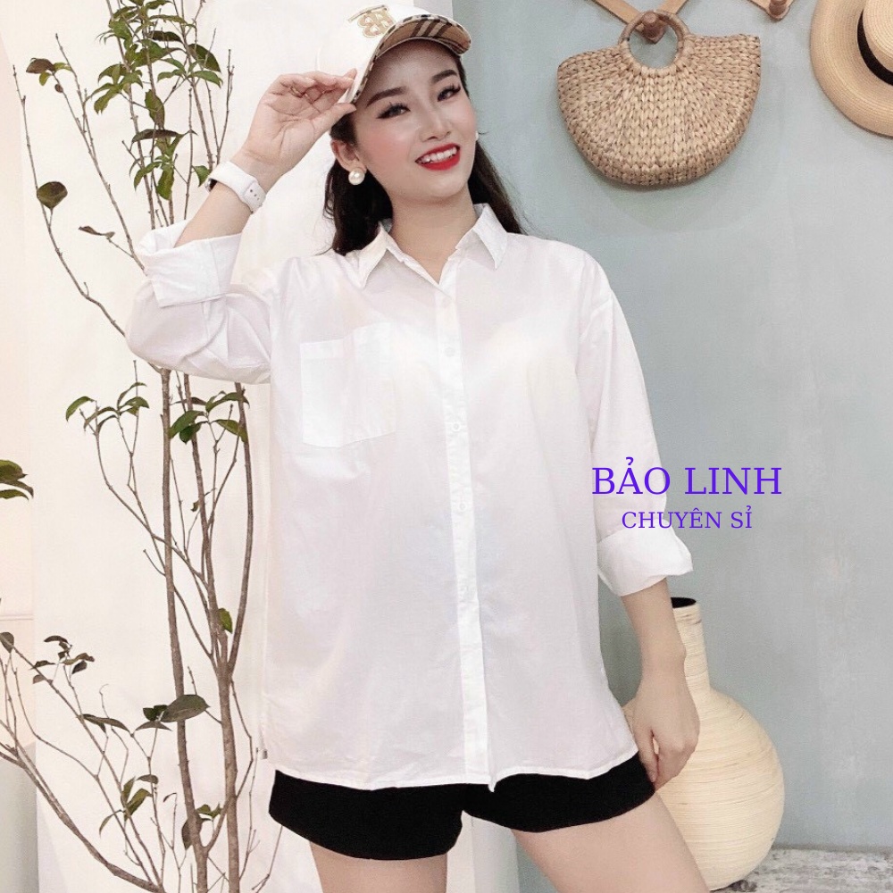 Áo Sơ Mi Trắng Nữ Form Rộng Dài Tay Bigsize Đi Học Công Sở Đi Làm Túi Ngực A19