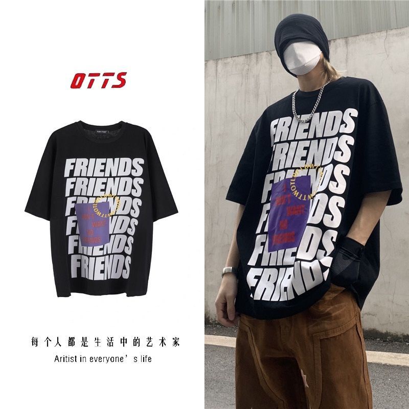 Áo thun 100% Cotton nguyên chất tay ngắn cổ tròn dáng rộng phong cách đường phố cho nam