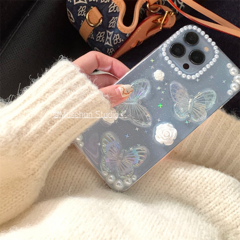 For iphone 14 pro max Ốp điện thoại trong suốt họa tiết hoa và bướm cho for  iPhone 13 Pro Max Xsmax 7 8plus X Xr 11 12 11pro 12promax