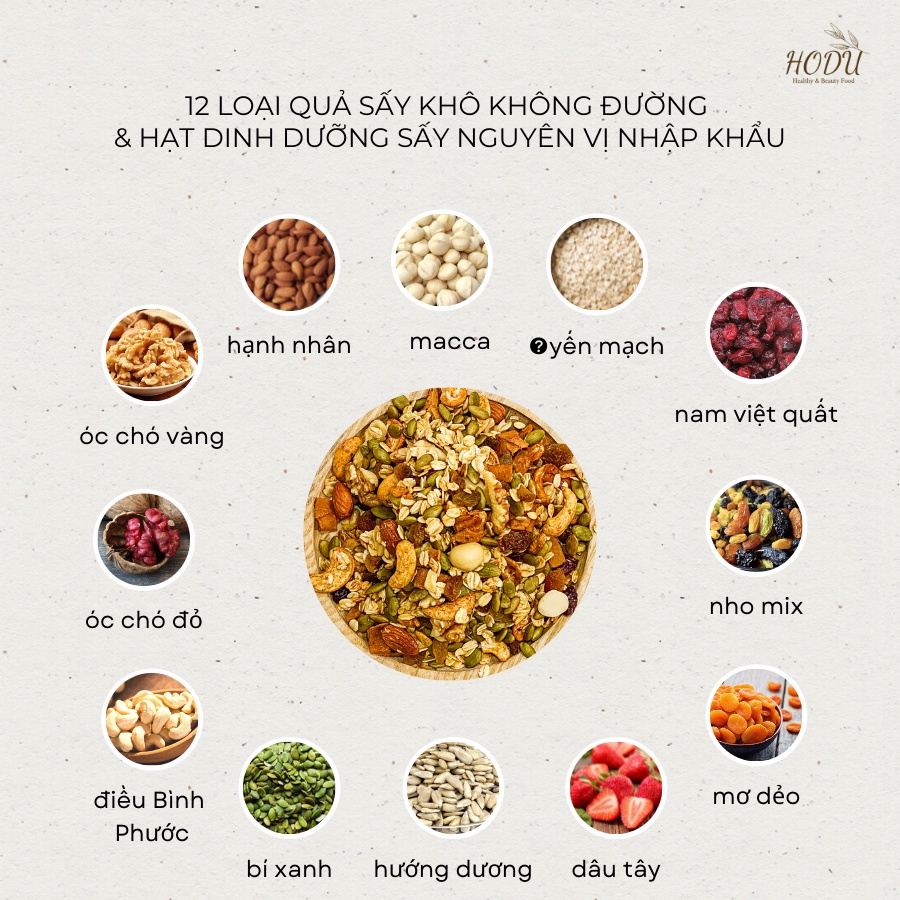 Granola siêu hạt &amp; quả, ngũ cốc giảm cân tự nhiên 500g | HODU - Thế giới đồ ăn healthy - Đồ ăn kiêng Hà Nội