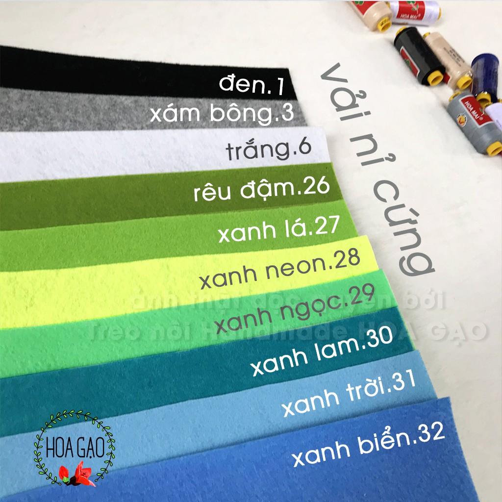 Vải nỉ cứng, combo 10 màu vải dạ nỉ cứng pastel xanh HOA GẠO GNCBC handmade, làm sách vải cho bé, dễ cắt dán