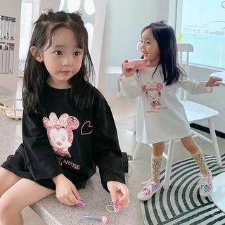 Đầm thun tay dài in hình chuột mickey hoạt hình dành cho bé gái