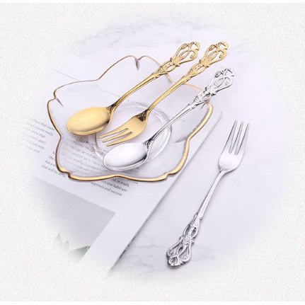 Muỗng cà phê/ nĩa ăn trái cây XIAODUOJIAJU bằng thép không gỉ phong cách châu Âu chuyên dụng