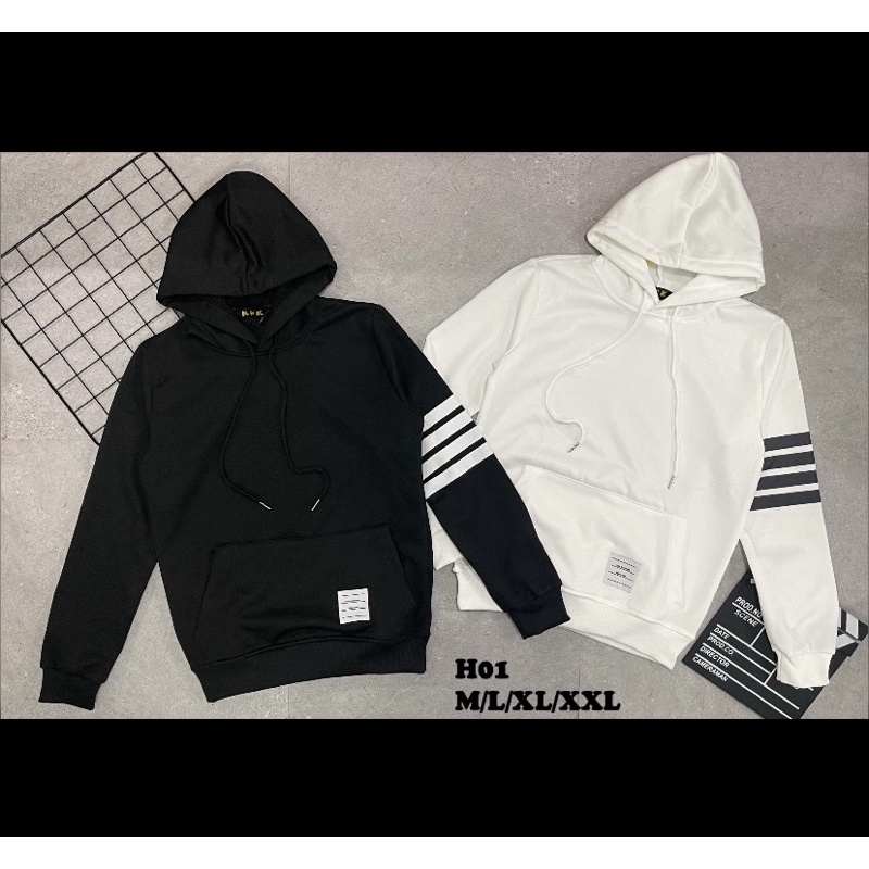 Áo nỉ hoodie thom có hoạ tiết ba vạch đơn giản hai mầu trắng đen, Áo thu đông có mũ phong cách hàn quốc từ 45 đến 75 kg.