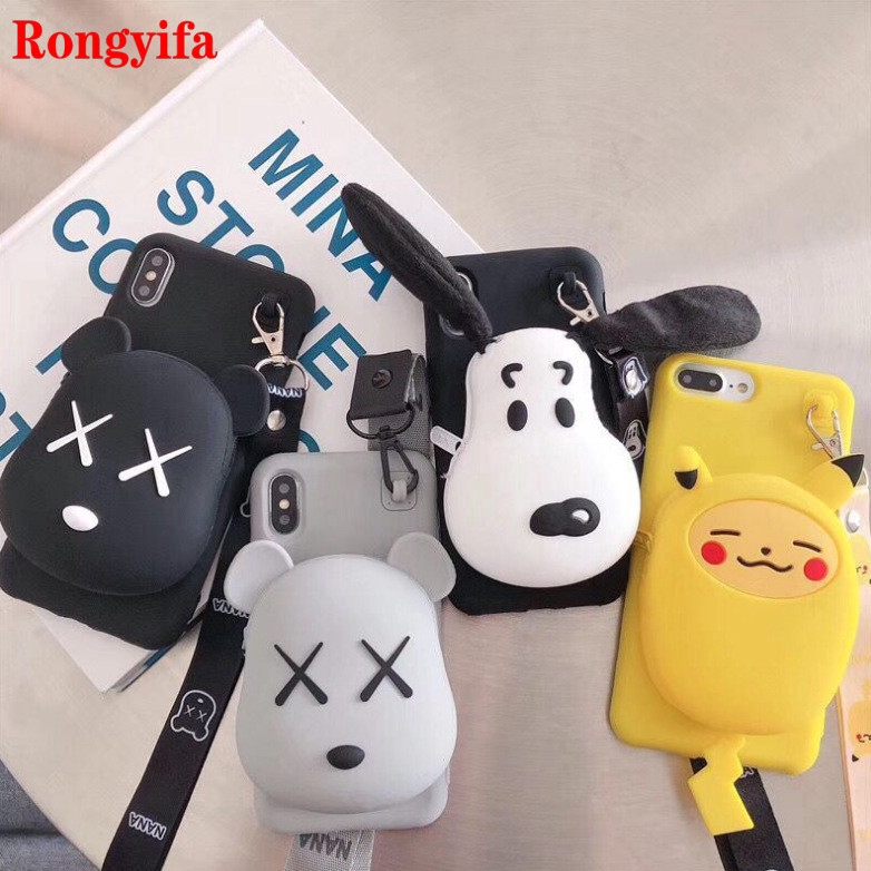 Ốp điện thoại dẻo dạng ví Pikachu Snoopy Kaws 3D có dây đeo cho Samsung Galaxy S7 S6 Edge S8 S9 S10 Plus S10e A5 2016