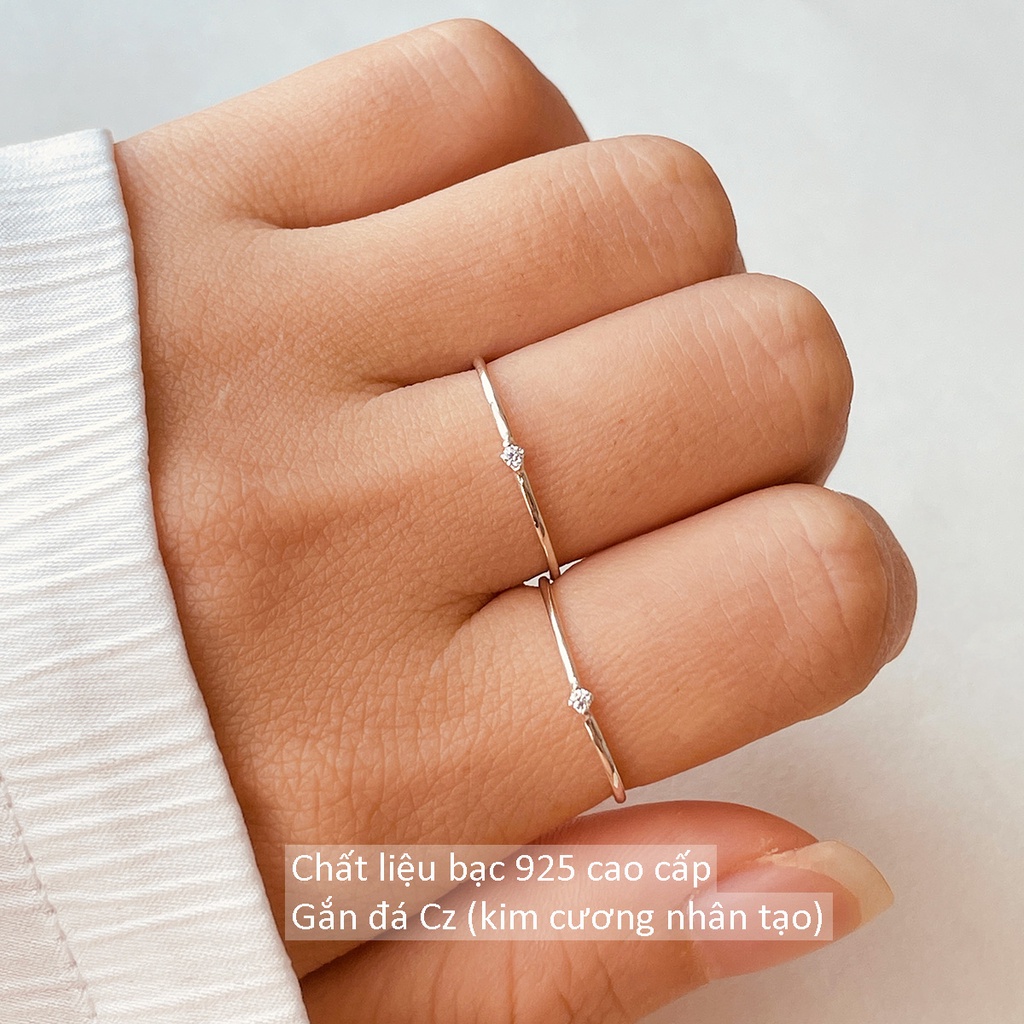 Nhẫn bạc trơn mảnh CiCi Silver, nhẫn nữ basic, đính 1 viên đá, bạc 925, kiểu đơn giản, hàn quốc