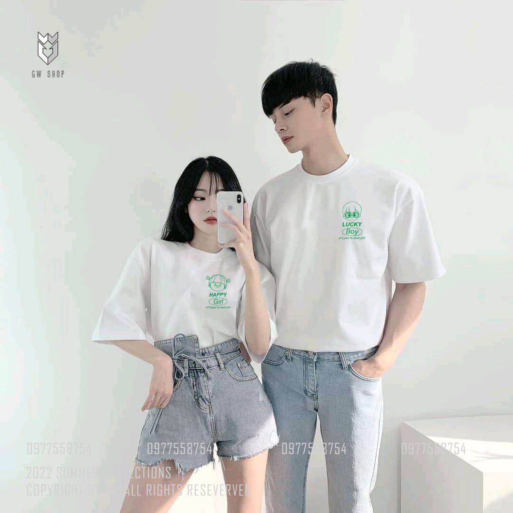 Áo Thun đôi nam nữ Lucky Boy - Happy Girl áo cặp đôi form rộng tay lỡ - GW Shop