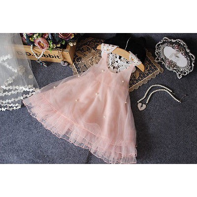 ❤XZQ-Baby Girls Princess Party Dress Pearl Lace Flower Casual Dress Sundress 2-8Y