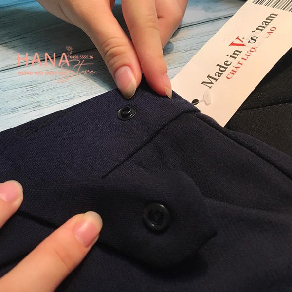 Quần baggy vải kèm đai vuông chất sắt cúc bấm lệch cạp lưng cao màu đen - Vải dày dặn mềm mịn Mặc đi làm công sở đi học