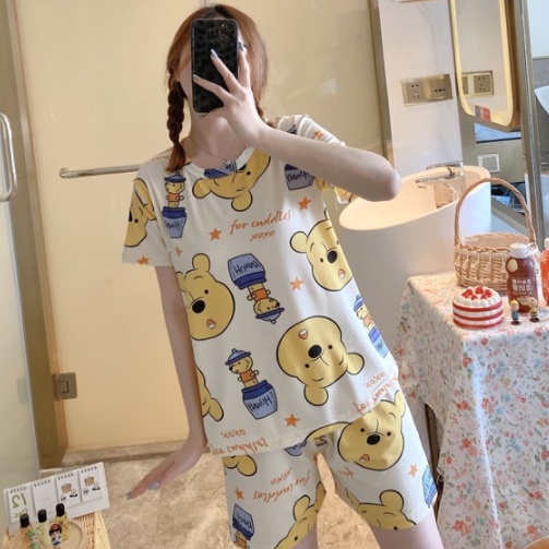 Bộ Đồ Ngủ Pijama Ngắn Tay Cổ Tròn Họa Tiết Hoạt Hình Đáng Yêu Cho Nữ