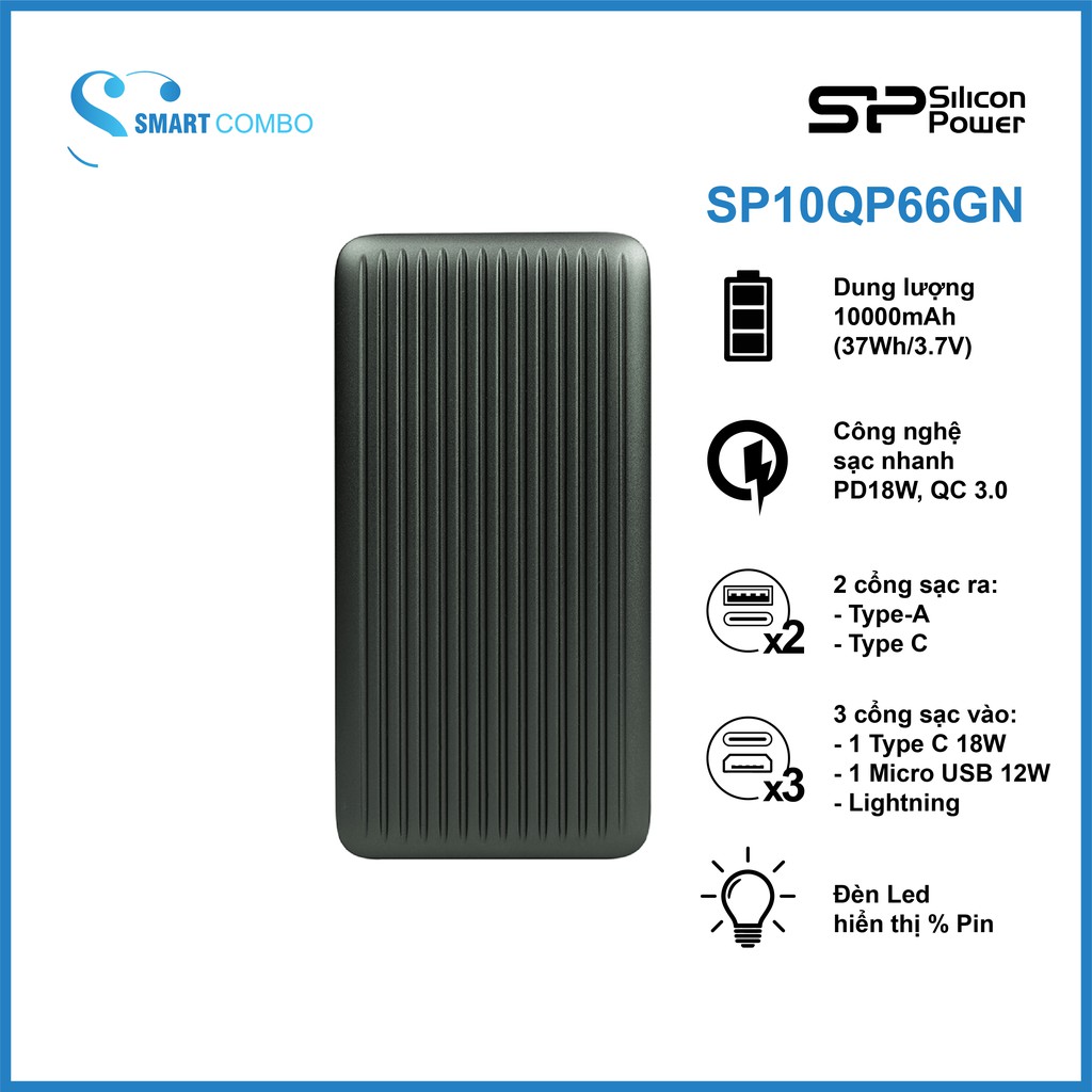 [Mã ELBAU150 giảm 8% đơn 500K] Pin sạc dự phòng Silicon Power - QP66 18W QC3.0 10.000mAh - Hàng chính hãng