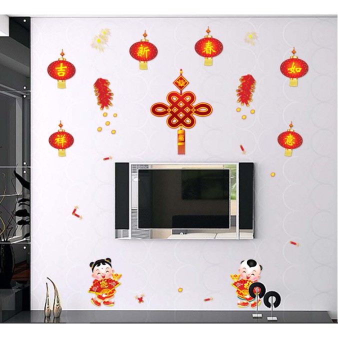 Decal trang trí Tết - Lồng đèn đỏ và tiểu đồng Tử ( KÈM VIDEO THẬT )