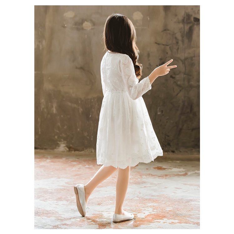 Đầm Công Chúa Phối Ren Hoa Màu Trắng Thanh Lịch Thời Trang Xuân Thu Cho Bé Gái 3-12 Tuổi