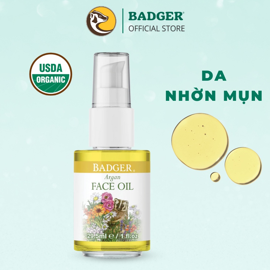 Dầu dưỡng da hữu cơ BADGER Argan organic face oil serum - nhẹ thấm nhanh cho da nhờn mụn và hỗn hợp - 29.5ML